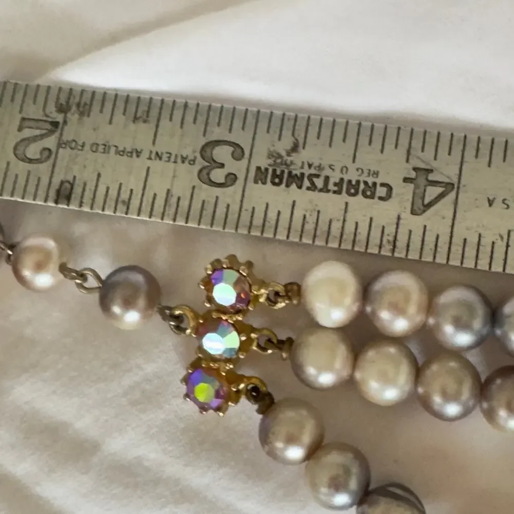 Vintage Baroque Crystal Pearl Triple Strand Citrine Rhinestone 1950s Necklace